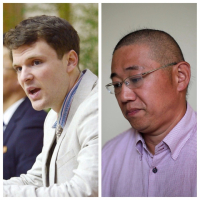 June 20, 2017: Kenneth Bae (R) is a Korean-American missionary who served a 735-day prison sentence after the North Korean government claimed he was part of a Christian plot to overthrow the regime. Otto Warmbier (L) was an American college student who was imprisoned in North Korea from January 2016 to June 2017 after being convicted of 