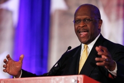 Republican presidential candidate Herman Cain, former chairman of Godfather's Pizza, delivers remarks during the Faith and Freedom Coalition's second annual conference and strategy briefing in Washington, June 4, 2011. <br/>Reuters / Hyungwon Kang