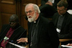 In this file photo, Archbishop of Canterbury Rowan Williams speaks during the General Synod of the Church of England at Church House in London, Feb. 9, 2010. <br/>AP Images / Akira Suemori