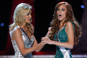 Miss California Alyssa Campanella (R) reacts next to first runner-up Miss Tennessee Ashley Elizabeth Durham after being announced Miss USA 2011 during the Miss USA pageant in the Theatre for the Performing Arts at Planet Hollywood Hotel and Casino in Las Vegas, Nevada June 19, 2011. <br/>Reuters / Steve Marcus