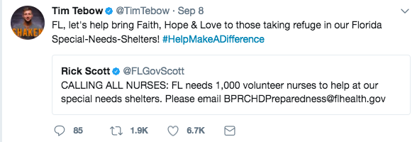 Tim Tebow urged Floridians to assist in volunteer efforts <br/>Twitter