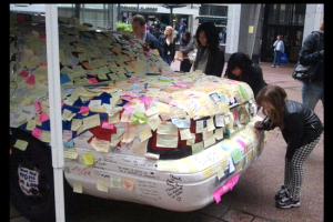 People leaving notes of gratitude to Vancouver RCMPs who stood in line of duty during the Vancouver riot that took place after the Canucks lost the Stanley Cup on June 15th. <br/>
