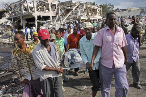 At least 300 people killed and hundreds seriously injured in attack blamed on militant group al-Shabaab <br/>AP Photo