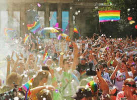 A crowd celebrates in Melbourne, Australia, as the same-sex marriage survey results are announced. <br/>Getty Images