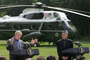 President George W. Bush, addresses the media during a joint press availability with Afghanistan President Hamid Karzai Monday Aug. 6, 2007, at Camp David near Thurmont, Maryland <br/>(Photo: White House / Chris Greenberg)