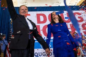 Senate candidate Doug Jones and his wife Louise greet supporters as he claims victory. <br/>Reuters