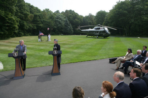 President George W. Bush, addresses the media during a joint press availability with Afghanistan President Hamid Karzai Monday Aug. 6, 2007, at Camp David near Thurmont, Maryland <br/>(Photo: White House / Chris Greenberg)