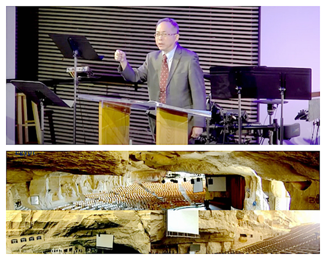 Rev. Lambert Lee (top) at Mokattam Cave Church Cairo, the largest church in the Middle East, where over 70,000 people meet in the caves every Sunday [botom]. (Screenshotted from Christ's House Fifth Family Video)