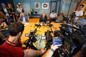 Geir Lippestad, lawyer of Norwegian Anders Behring Breivik, the man accused of a killing spree and bomb attack in Norway, delivers a statement and answers questions from the media, in Oslo July 26, 2011. Breivik is in all likelyhood <br/>Reuters / Wolfgang Rattay