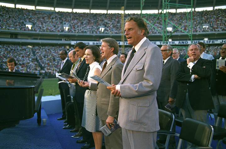 Jimmy Carter (second from right) and Rosalynn Carter attended the 1973 Atlanta Crusade with Billy Graham, where Carter served as honorary chairman. (Photo/Billy Graham Evangelistic Association)