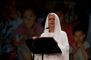Mama Maggie Gorban, whose ministry is in the garbage slums of Cairo, is often referred to as the “Mother Teresa” of Egypt. She spoke at the Global Summit Leadership Conference at Willow Creek Church about how God has worked in her life to help homeless children, often with tears in her eyes, August 12, 2011. <br/>Willow Creek Association