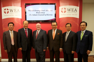 From Left: Rev. Joong Seon Park; former CCK President Rev. Kwang Seon Rhee; WEA Secretary General/CEO Dr. Geoff Tunnicliffe; CCK President Rev. Ja Yeon Kiel; WEA North American Council Board Member Rev. Dr. David Jang; and Rev. Jae Cheol Hong. The WEA and CCK leaders met to confirm the date of the WEA GA 2014 during a meeting Septmeber 9, 2011 at the WEA HQ in New York. <br/>WEA