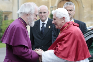 Pope Benedict XVI, right, meets with Britain's Archbishop of Canterbury Rowan Williams at Lambeth Palace in London, Friday, Sept. 17, 2010. <br/>AP Images / Gregorio Borgia