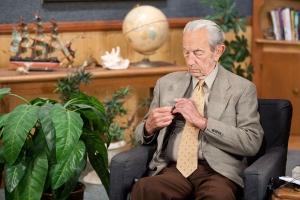 Harold Camping, president of Family Radio, fixes his mic as he prepares for a live radio broadcast on Monday, May 23, 2011. Camping delivered his first public statement on Monday since his failed prediction that the rapture would occur on May 21. <br/>The Christian Post / Hudson Tsuei
