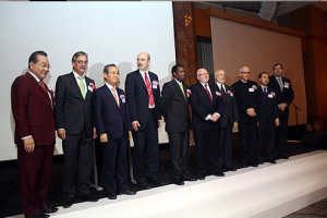 CCK's President, Rev. Ja Yeon Kiel (Far Left), and Chairman of WEA International Council, Rev. Sang-Bok Kim (Third from the Left), standing with the representatives from WEA. <br/>WEA