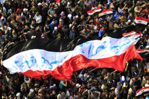 Egyptian protesters march with a huge flag during a rally at Tahrir Square in Cairo November 25, 2011. Egypt's ruling military council appointed Kamal Ganzouri on Friday as prime minister to form <br/>Reuters/Ahmed Jadallah