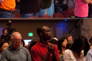 (Top) Churches of multicultural backgrounds in the Bay Area gathered to participate in the “Cry Out America” prayer meeting on June 3rd, where over 500-600 Christians gathered at River of Life Christian Church. (Bottom) Korean-American Immanuel Presbyterian Church pastor Won B. Son blessed the congregation before concluding the event. <br/>Hudson Tsuei/Gospel Herald 