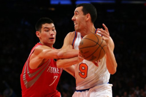 NEW YORK, NY - DECEMBER 17: Pablo Prigioni #9 of the New York Knicks tries to get around Jeremy Lin #7 of the Houston Rockets on December 17, 2012 at Madison Square Garden in New York City. The Houston Rockets defeated the New York Knicks 109-96. <br/>Photo by Elsa/Getty Images