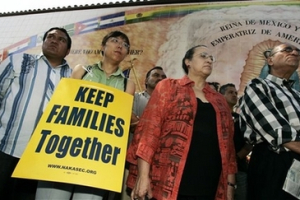 Activists and others appear to support the cause of Elvira Arellano, an illegal immigrant from Mexico who was arrested and deported Sunday, at a news conference at Los Angeles' Plaza Church Tuesday, Aug. 21, 2007. From left are Alfred Falcon-Colin of the Consejo de Federaciones Mexicanas en Norteamerica (COFEM), Hee Joo Yoon of the Korean Resource Center, Angela Sanbrano of the National Alliance of Latin American and Caribbean Communities, and Javier Rodriguez of the March 25 Coalition. <br/>(Photo: AP Images / Reed Saxon)