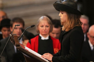 Amanda Thatcher delivers a Biblical reading at her grandmother's funeral at St Paul's Cathedral in London on Wednesday. <br/>Getty Images