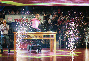 Fireworks shot up during Nick Vujicic's entrace on stage before 35,000 people in Ho Chi Minh, Vietnam. (Photo: Life Without Limbs website) <br/>lifewithoutlimbs.org