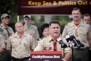 John Stemberger, head of the coalition group OnMyHonor.Net, speaks as parents, Scoutmasters, Eagle Scouts and other Scouting members hold a news conference to announce the launch of a national organization and the coalition to keep open homosexuality out of the Boy Scouts, in Orlando, Florida March 23, 2013. Stemberger said that the current policy of Scouting allows anyone to participate irrespective of sexual orientation, only disallowing the open and aggressive promotion of homosexuality and political agendas. <br/>
