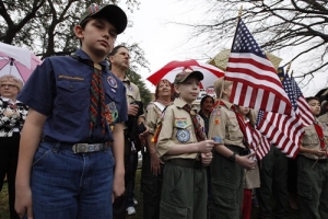 A crowd of Scouts, parents and supporters gather during a prayer vigil at the Boy Scouts of America headquarters in Irving, Texas, February 6, 2013. The Boy Scouts of America on Wednesday delayed until May a vote on whether to end a controversial ban on gay members, drawing praise and rebukes from the two sides of a heated debate that has drawn in politicians as well as parents <br/>REUTERS/Darrell Byers 