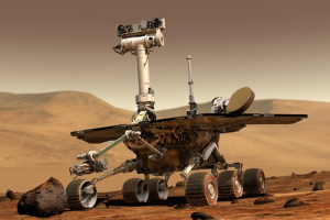 An artist's concept portrays a NASA Mars Exploration Rover on the surface of Mars. Two rovers have been built for 2003 launches and January 2004 arrival at two sites on Mars. Each rover has the mobility and toolkit to function as a robotic geologist. <br/>NASA/JPL/Cornell University