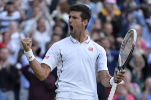 Novak Djokovic of Serbia celebrates after defeating Tommy Haas of Germany in their men's singles tennis match at the Wimbledon Tennis Championships, in London July 1, 2013. <br/>REUTERS/Toby Melville