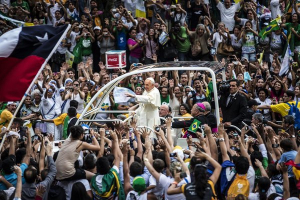Pope Francis greeting Roman Catholic pilgrims after his arrival on Monday in Rio de Janeiro. <br/>Aline Massuca/European Pressphoto Agency