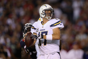 Quarterback Philip Rivers #17 of the San Diego Chargers drops back to pass against the Houston Texans at Qualcomm Stadium on September 9, 2013 in San Diego, California.  <br/>(Photo by Jeff Gross/Getty Images)