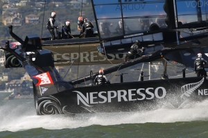 Emirates Team New Zealand sails during their win against Oracle Team USA in Race 9 of the 34th America's Cup yacht sailing race in San Francisco, California September 15, 2013. <br/>Robert Galbraith / REUTERS