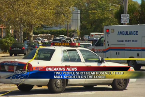 Authorities in Nassau County on Long Island said they're looking for a suspect after two people were shot Wednesday morning near a mall in East Garden City <br/>