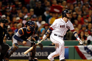 Jarrod Saltalamacchia of the Boston Red Sox during the game against the Detroit Tigers on October 13, 2013 in Boston. <br/> (AFP/Jim Rogash)