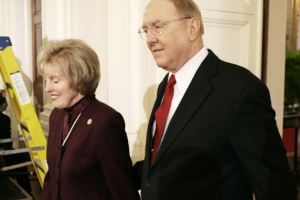 Focus on the Family founder James Dobson, right, and his wife Shirley arrive in the East Room of the White House in Washington, Thursday, May 3,2007, for an event marking the National Day of Prayer, attended by President Bush. <br/>(Photo: AP Images / Charles Dharapak)