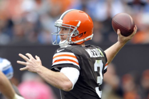 Cleveland Browns quarterback Brandon Weeden passes against the Detroit Lions in the fourth quarter of an NFL football game Sunday, Oct. 13, 2013 in Cleveland. <br/>(David Richard, AP)