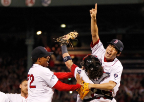 Oct 19, 2013; Boston, MA, USA; Boston Red Sox players Koji Uehara (right) , Xander Bogaerts (72) and Jarrod Saltalamacchia celebrate after defeating the Detroit Tigers in game six of the American League Championship Series playoff baseball game at Fenway Park. Mandatory Credit: Greg M. Cooper-USA TODAY Sports <br/>