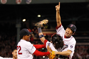 Oct 19, 2013; Boston, MA, USA; Boston Red Sox players Koji Uehara (right) , Xander Bogaerts (72) and Jarrod Saltalamacchia celebrate after defeating the Detroit Tigers in game six of the American League Championship Series playoff baseball game at Fenway Park. Mandatory Credit: Greg M. Cooper-USA TODAY Sports <br/>