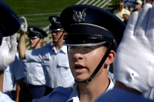 U.S. Air Force Academy Cadet 4th Class Andrew Taylor, along with the entire cadet wing, takes the Oath of Honor Aug. 8 during the Acceptance Parade at the Academy in Colorado Springs, Colo. The Acceptance Parade marks the formal acceptance of the new cadets into the cadet wing. (U.S. Air Force photo/Mike Kaplan)  <br/>