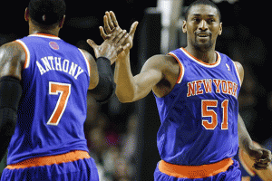 Oct 9, 2013; Providence, RI, USA; New York Knicks small forward Carmelo Anthony (7) and small forward Metta World Peace (51) celebrate during the first half of a game against the Boston Celtics at Dunkin Donuts Center. Mandatory Credit: Mark L. Baer-USA TODAY Sports <br/>