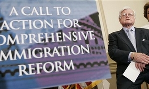 Sen. Edward Kennedy, D-Mass., takes part in a news conference on immigration reform, Tuesday, June 5, 2007, on Capitol Hill in Washington. <br/>Gospel Herald reporter