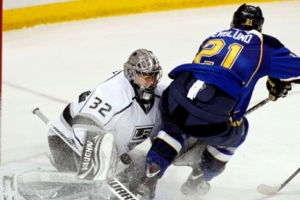 St. Louis Blues Patrik Berglund shoots and scores on Los Angeles Kings goalie Jonathan Quick during the second game of their NHL Western Conference quarter-final playoff hockey series in 2012-2013 season.  <br/>Sarah Conard/Reuters