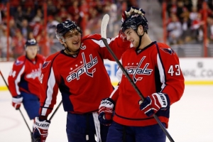 Washington Capitals Alex Ovechkin congratulated Tom Wilson after his first NHL goal — then nailed him with shaving cream afterward.  <br/>(Geoff Burke-USA TODAY Sports)