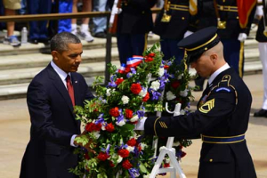 U.S. President Barack Obama lays a wreath at the Tomb of the Unknowns as a part of Memorial Day observances at Arlington National Cemetery in Arlington, Virginia, May 27, 2013. <br/>US Army