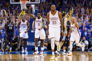 Oklahoma City Thunder celebrate after Kevin Durant scored in the final moments of their Game One NBA Western Conference semi-final playoff game. Photograph: Bill Waugh/Reuters <br/>