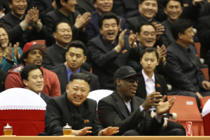 North Korean leader Kim Jong Un, left, and former NBA star Dennis Rodman watch North Korean and U.S. players in an exhibition basketball game at an arena in Pyongyang, North Korea, Thursday, Feb. 28, 2013. (AP Photo/VICE Media, Jason Mojica) <br/>