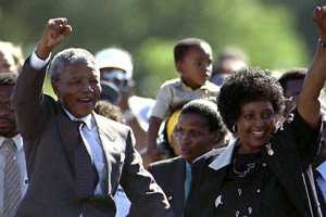 Nelson Mandela with his second wife, Winnie Madikizela-Mandela after his release from prison in 1990. They separated two years later.  <br/>