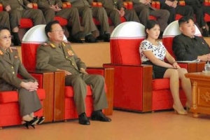 Kim Kyong Hui, far left, attends a concert with Kim Jong Un, far right, and his wife Ri Sol Ju. (Provided by Korea News Service) <br/>