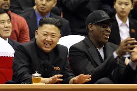 Kim Jong-Un and Dennis Rodman watch North Korean and US players in an exhibition basketball game February, 2013. (Photo: AP) <br/>