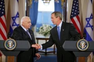 Israeli Prime Minister Ariel Sharon (left) with former President George W. Bush. (Photo courtesy of the White House) <br/>